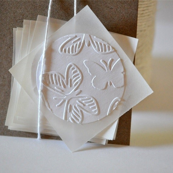 6 Paper Stickers Large Embossed Butterfly White