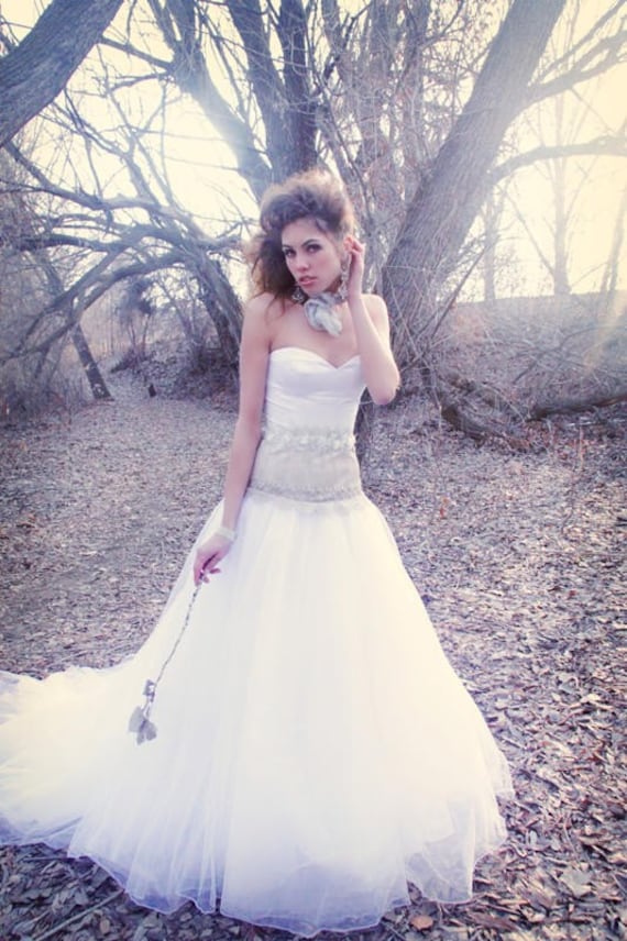 White Satin and Tulle Hand Painted Ballroom Wedding Gown
