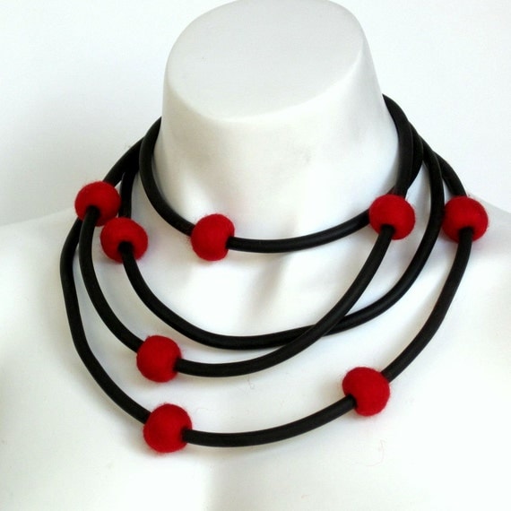 rubber necklace, red felt necklace, rubber jewelry, modern jewelry, red felt balls