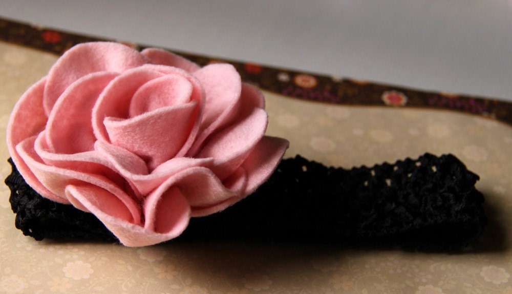 Gabrielle - a large creamy pink felt flower with black crochet headband