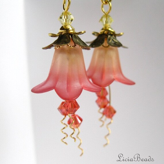 Strawberries and Champagne - Flower, Swarovski crystal and gold earrings