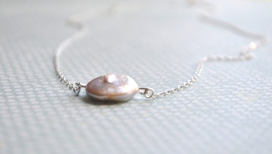 Single White Pearl Necklace - large freshwater coin pearl & sterling silver - adencreations