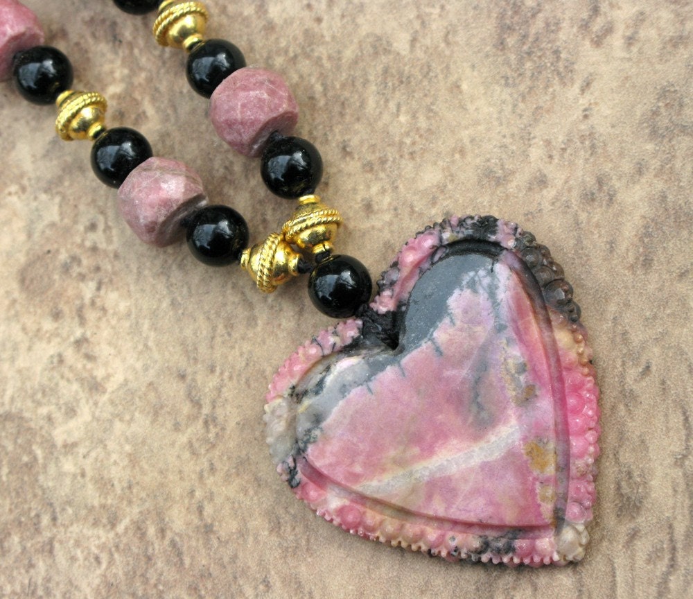 Rhodonite, Onyx and Vermeil Heart Necklace