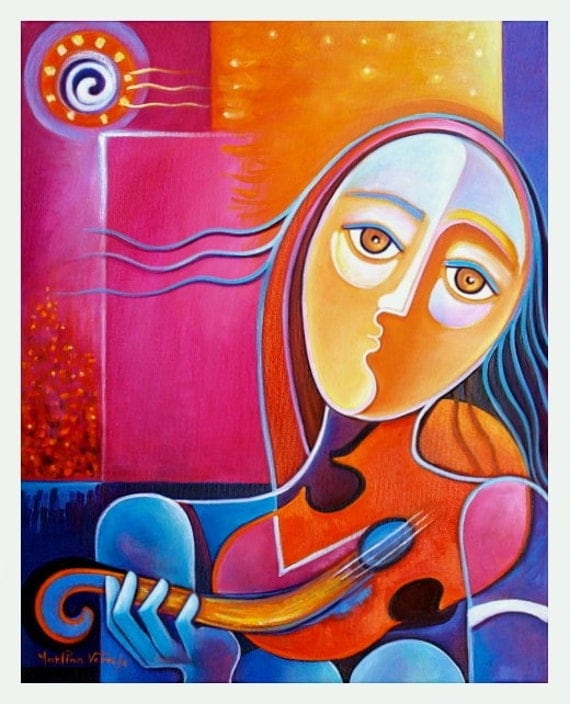 Red Violin Muse Original Cubist Oil Painting Marlina Vera Art SALE