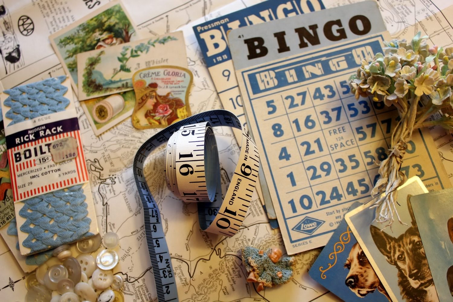 Charming Lot of Vintage Altered Art Crafting Supplies Blue Goodies