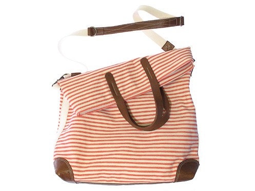 Workhorse bag in sweet cherry striped canvas with leather trim