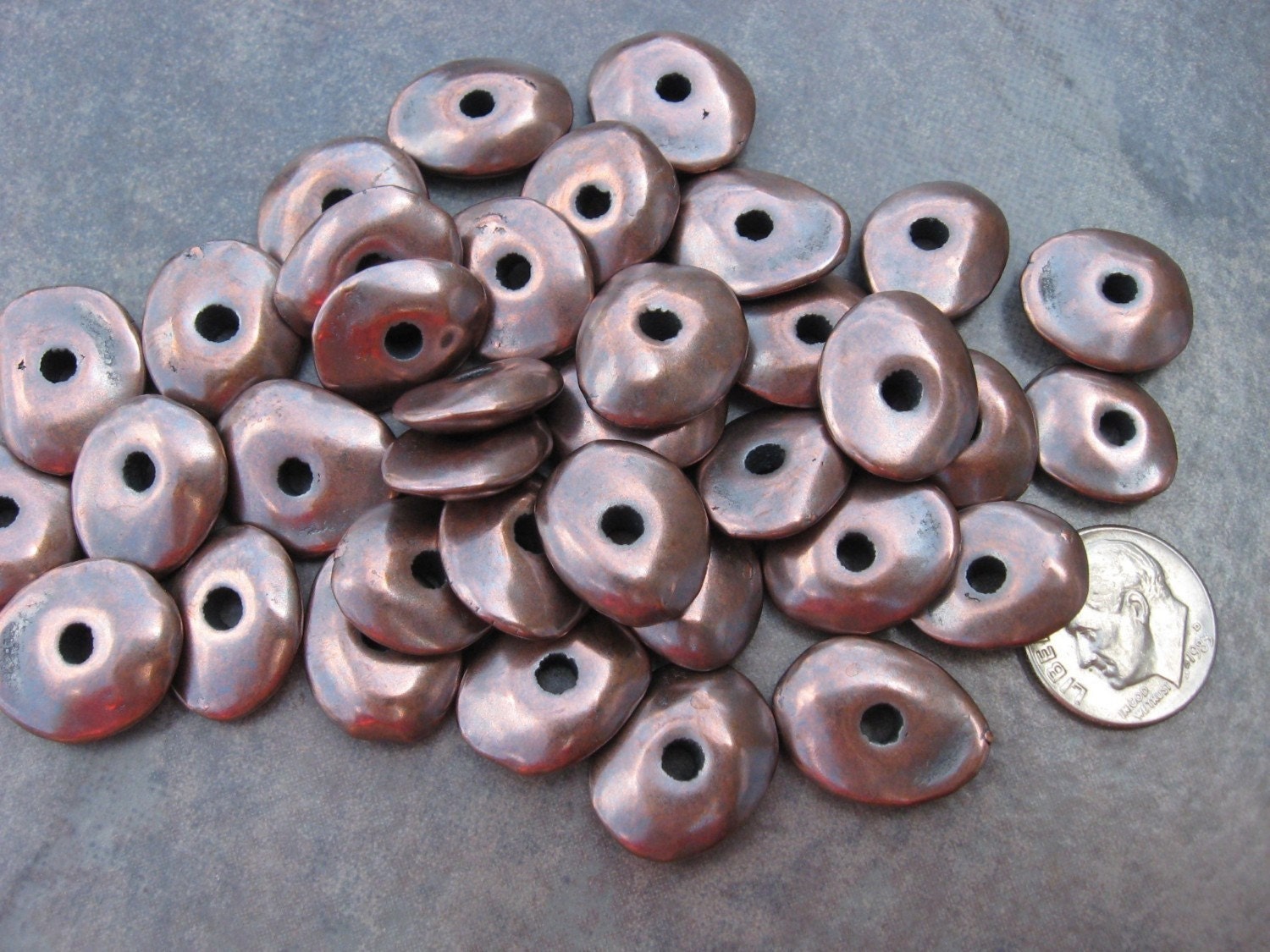 10 Mykonos Greek Ceramic Beads - BRONZE CORNFLAKE Metalized Beads