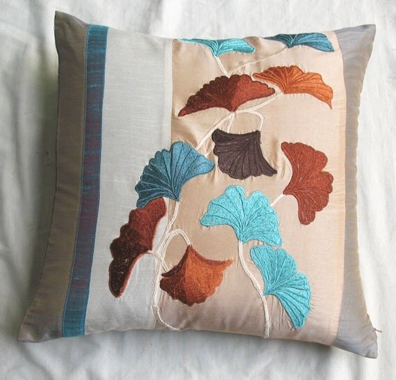 ginkgo leaf embroidered decorative throw pillow 16 inch