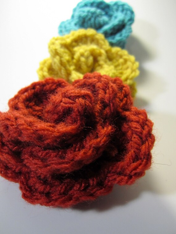 Set of 3 - Crocheted Flower Hair Clips - Any Color