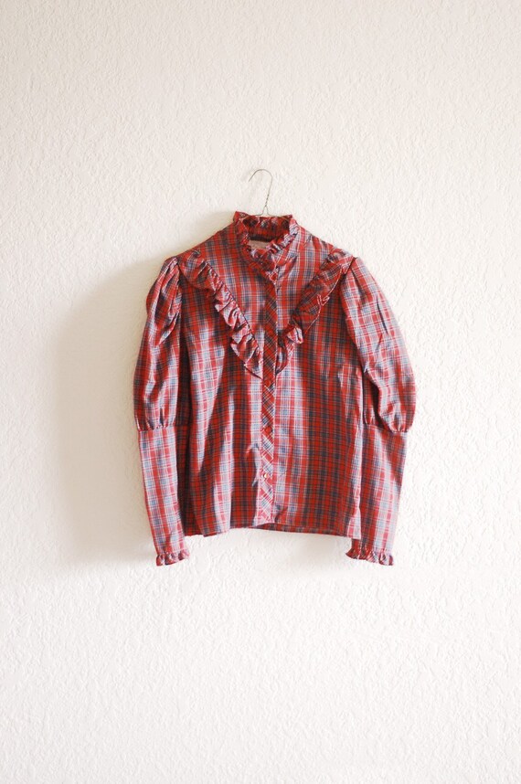 Red Plaid Ruffled Button Up Blouse - M