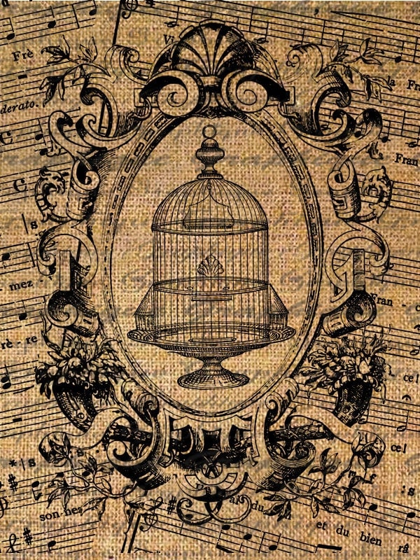 Bird Cage Framed over French Sheet Music Ornate Digital Image Download Transfers To Pillows Totes Tea Towels Burlap No. 2093