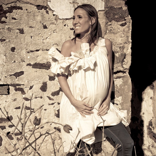 Womens Maternity Blouse Custom Order Patisserie Shoulder Ruffle Ivory or White