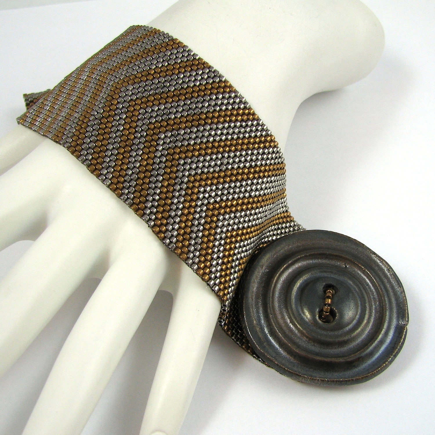 Transitions in Steel and Bronze  Peyote Cuff Bracelet (2567)