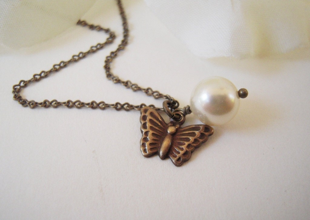 Butterfly Necklace- Butterfly and Pearl Flower Girl Necklace- Antique Brass- Vintage Style- Bridal