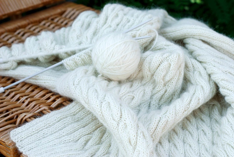 White ivory aran blanket handknit afghan gift idea Valentines day for her mom girl