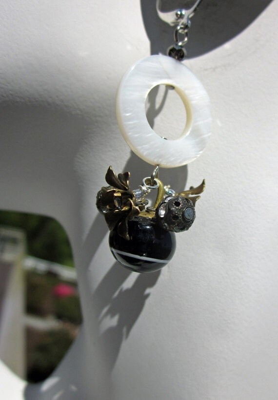 Vintage Buttons and Crystal Earrings - Black and White - Peppermint Patty