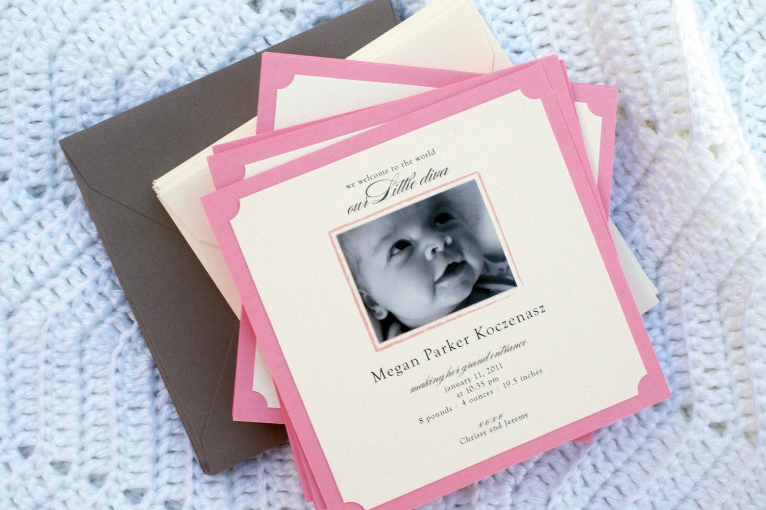 Pink & Grey Baby Girl Photo Birth Announcements - Square, Elegant, Preppy - Set of 25
