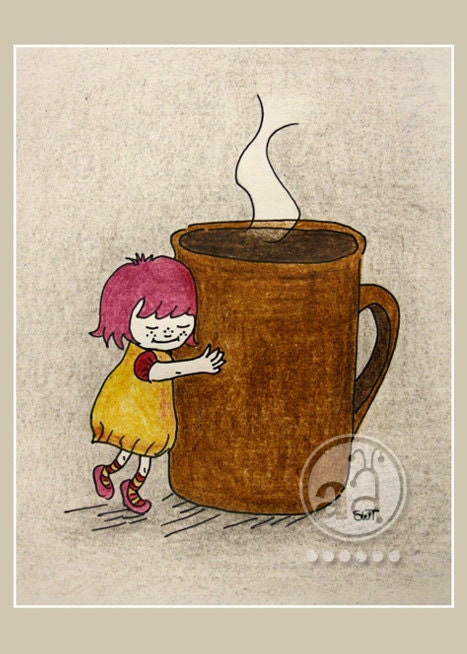 Little Coffee Lover - art print 5x7 post card - cute illustration