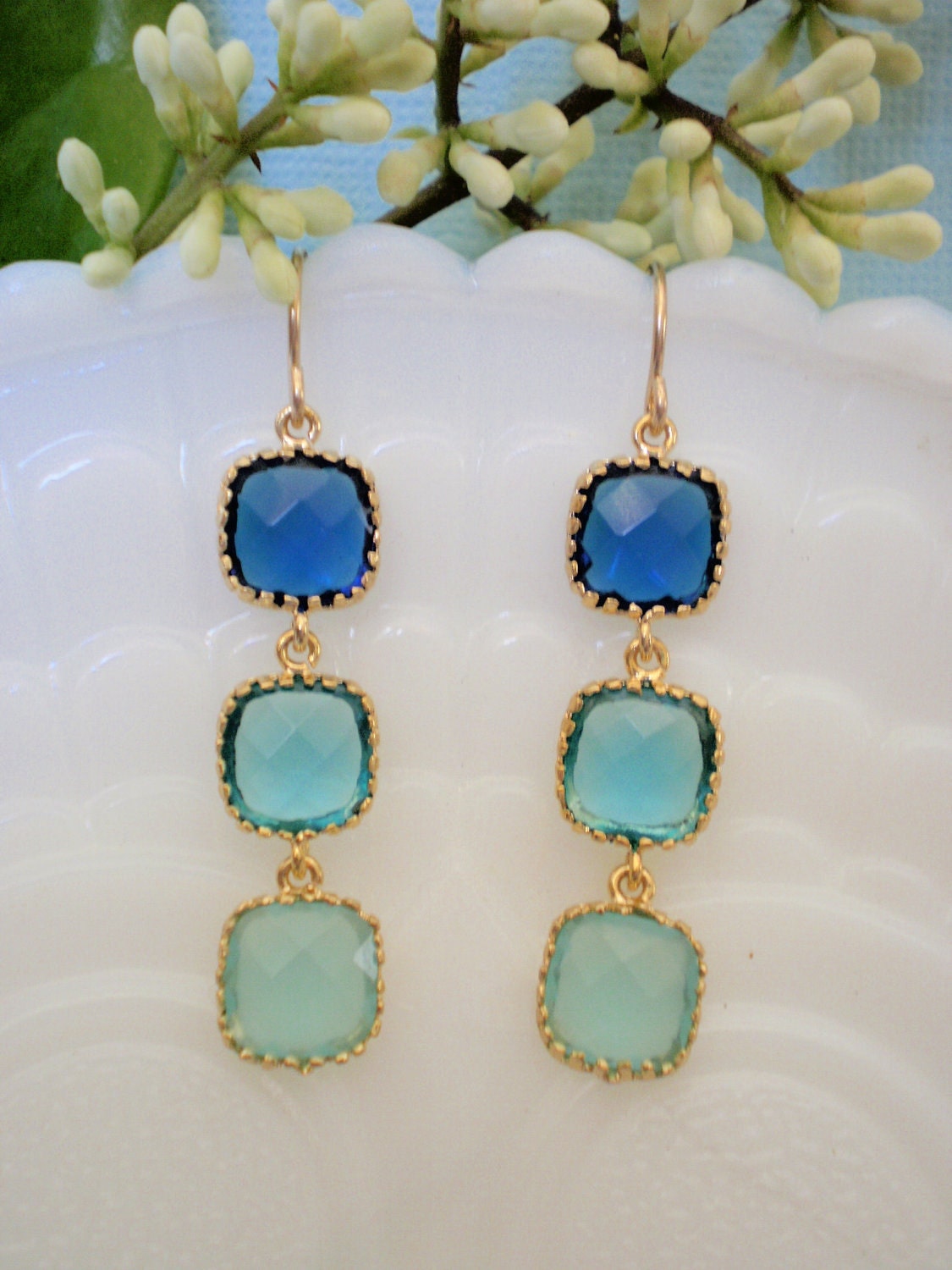 Royal Blue, Turquoise  and Aqua Blue CZ Gold Earrings
