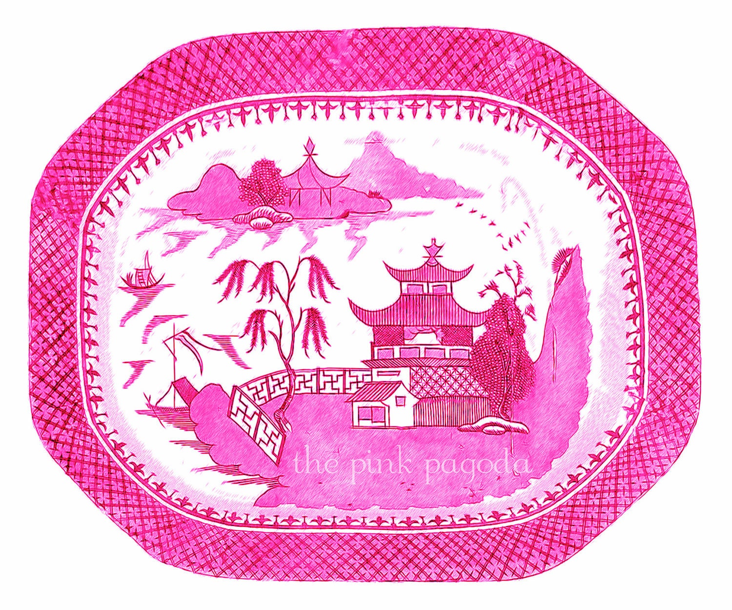 Blue Willow in Bright Pink Chinoiserie Platter 11x14 Giclee