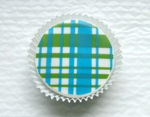 1 Dozen Designer Chocolate Covered Oreos -Light Blue and Lime Green Plaid Design Baby Shower Birthday Party
