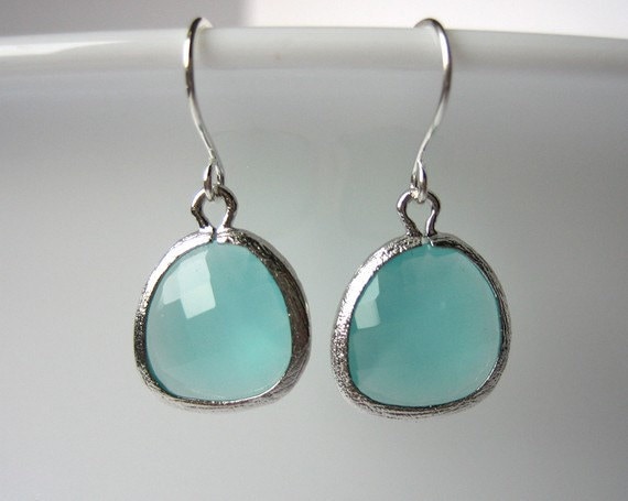 Aqua blue glass stone in bezel earrings silver wedding jewelry 