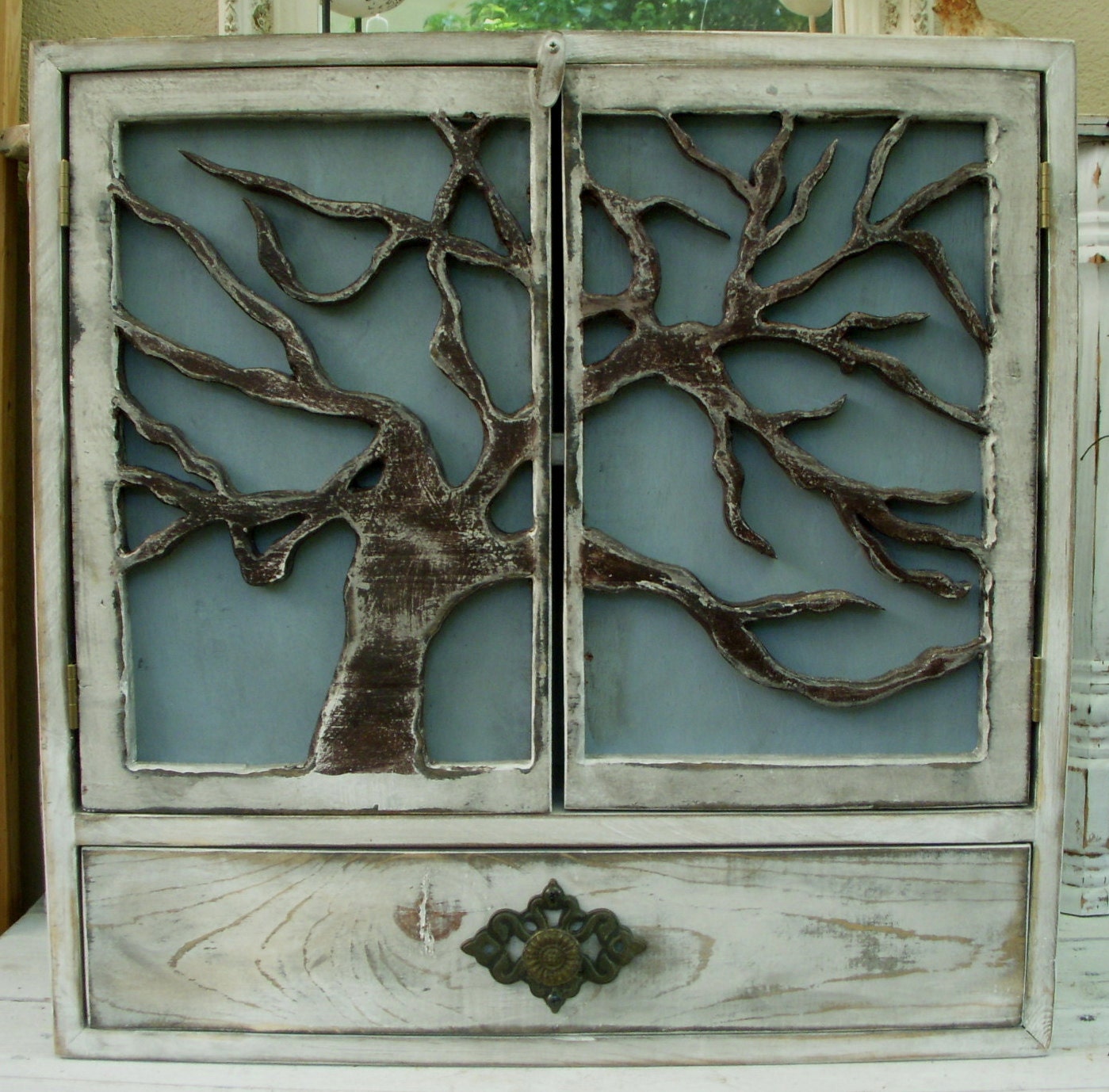 Handmade Wooden Cabinet - Wood Cabinet With Carved Oak Tree Doors