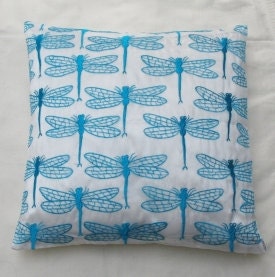 white and blue throw pillow with dragonflies 18 inch decorative cushion cover SALE