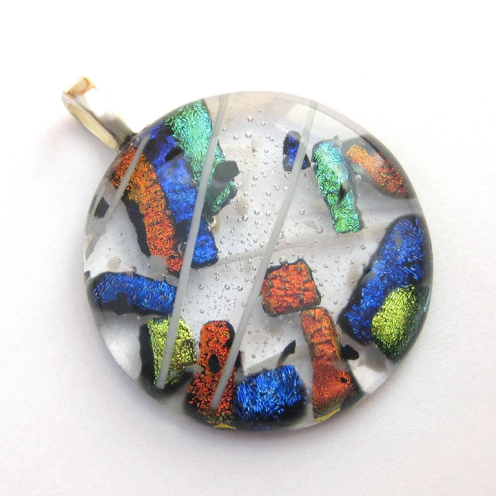 Festival - Dichroic Fused Glass Pendant Slide, Transparent Glass with Blue, Orange, Yellow, & Green Dichroic -2743
