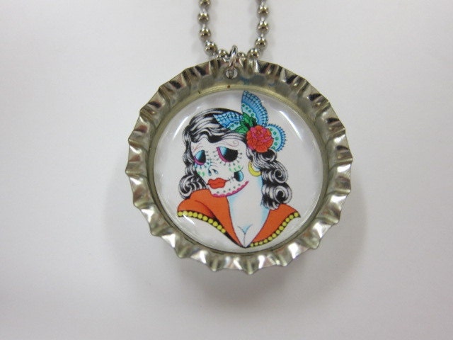 Bottlecap Necklace - Sugar Skull - Day of the Dead - Senorita