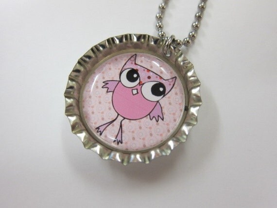 Bottle Cap Necklace on Ball Chain - Pink Owl