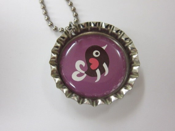 Bottlecap Necklace - Sweet Bird on Purple