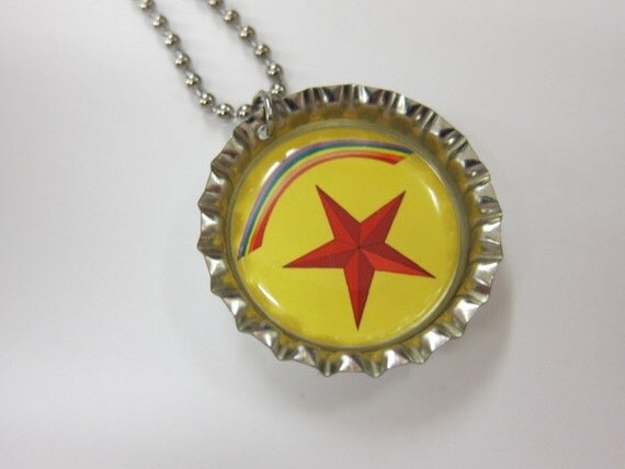 Bottlecap Necklace - Rainbow and Star on Yellow
