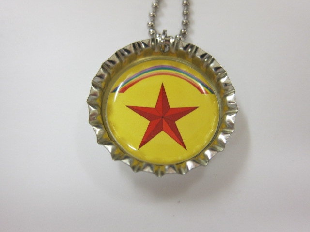 Bottlecap Necklace - Rainbow and Star on Yellow