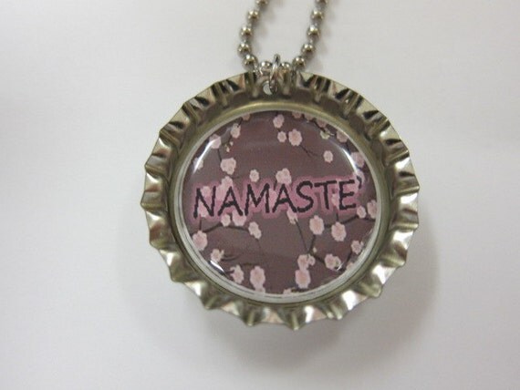 Bottlecap Necklace - Namaste on Floral Background