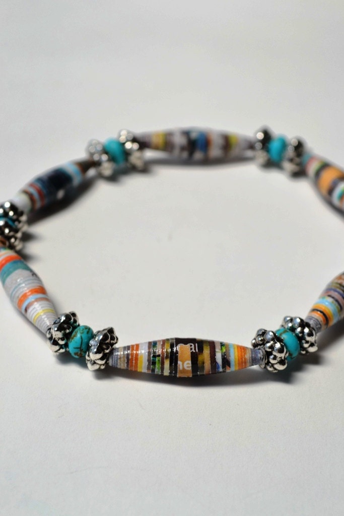 Paper Bead and Turquoise Stretch Bracelet
