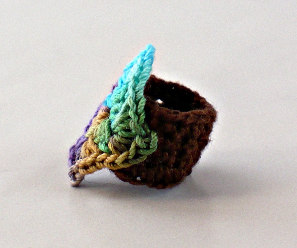 Crochet Ring Diamond Shape Green Purple Teal Golden Tan with Brown Band