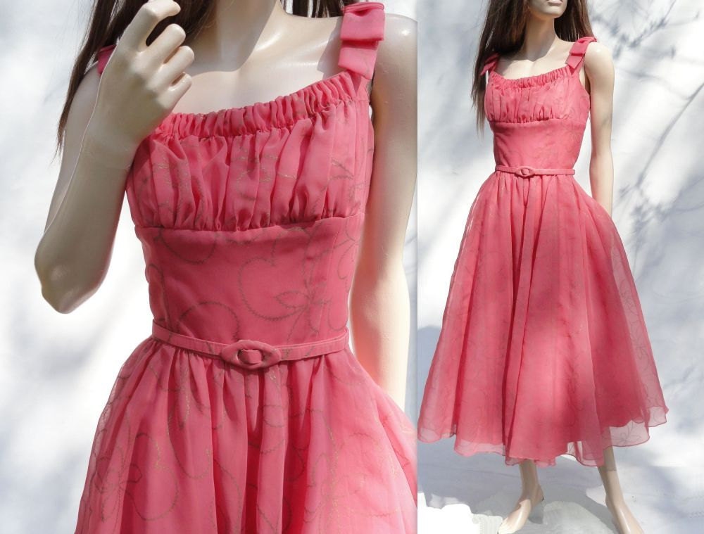 50s Dress / Vintage 1950s Coral Pink Prom / Party Dress / M