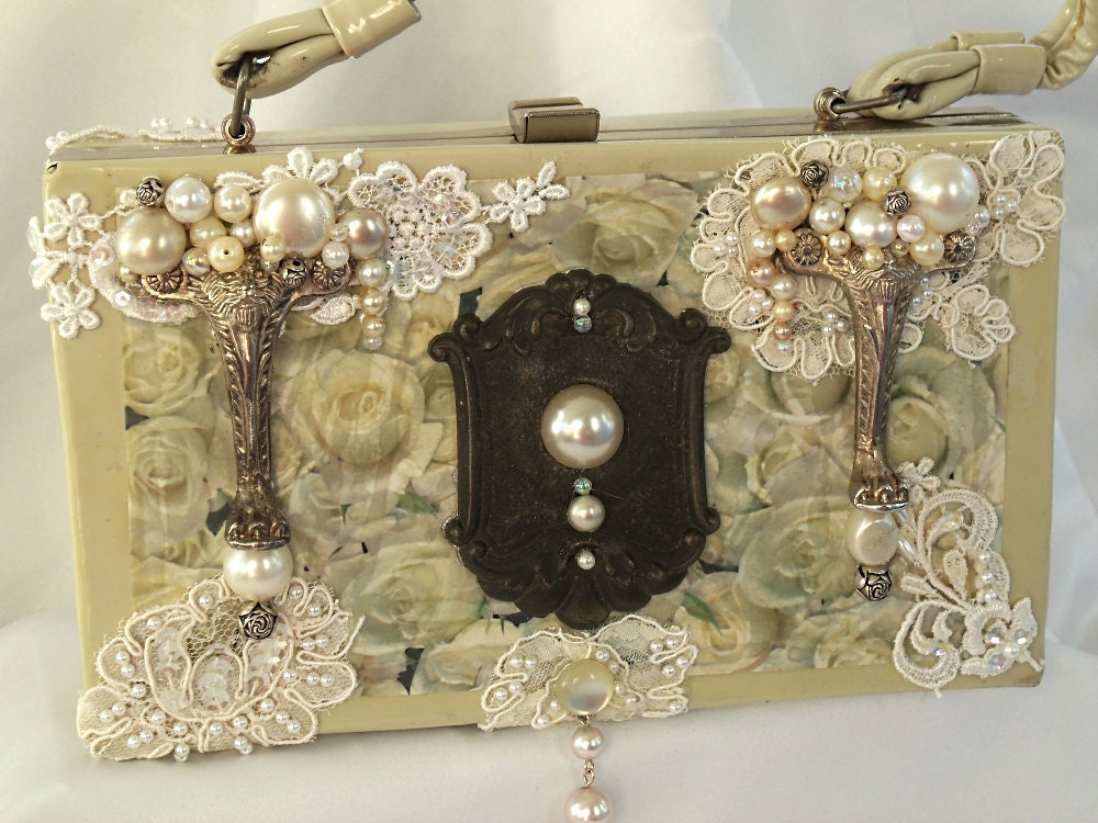 Bridal Purse, Steampunk, Vintage purse, couture purse, beaded silver, white box purse with applique and vintage key hole, LAYAWAY PLANS