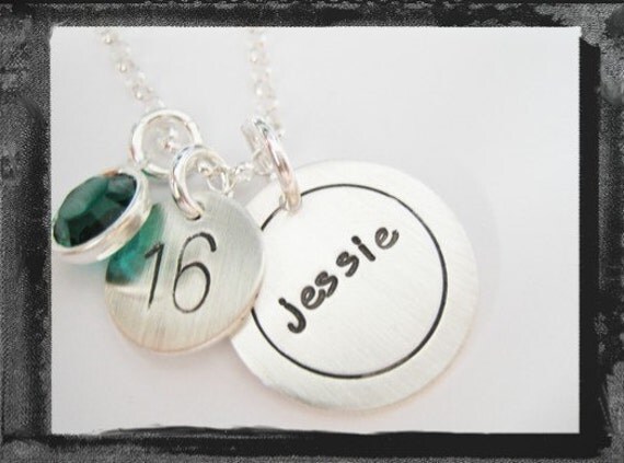 Sterling Silver Name Disc and design stamp or Sports Number Necklace with Birthstone