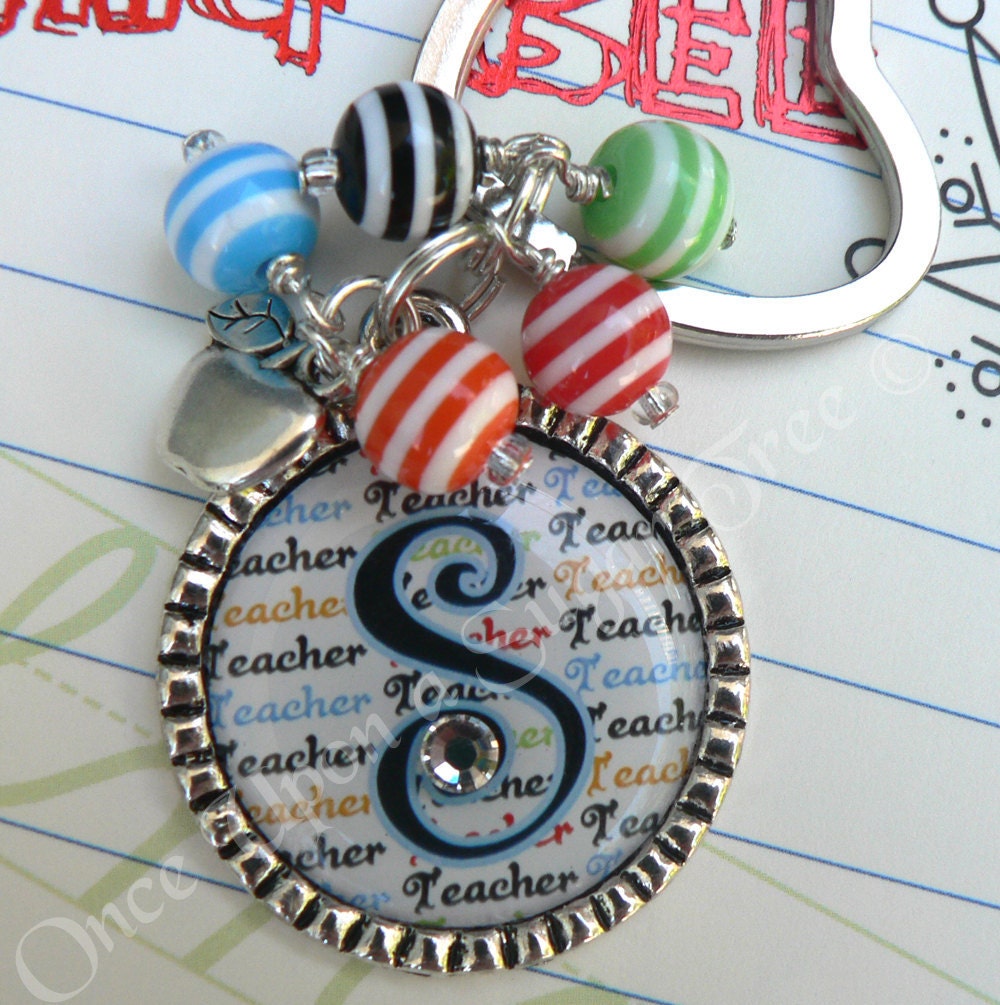 Colorful TEACHER Initial Bezel Teacher Keychain with Apple Charm-Teacher Appreciation Gift Present By Once Upon a Sugar Tree No.9