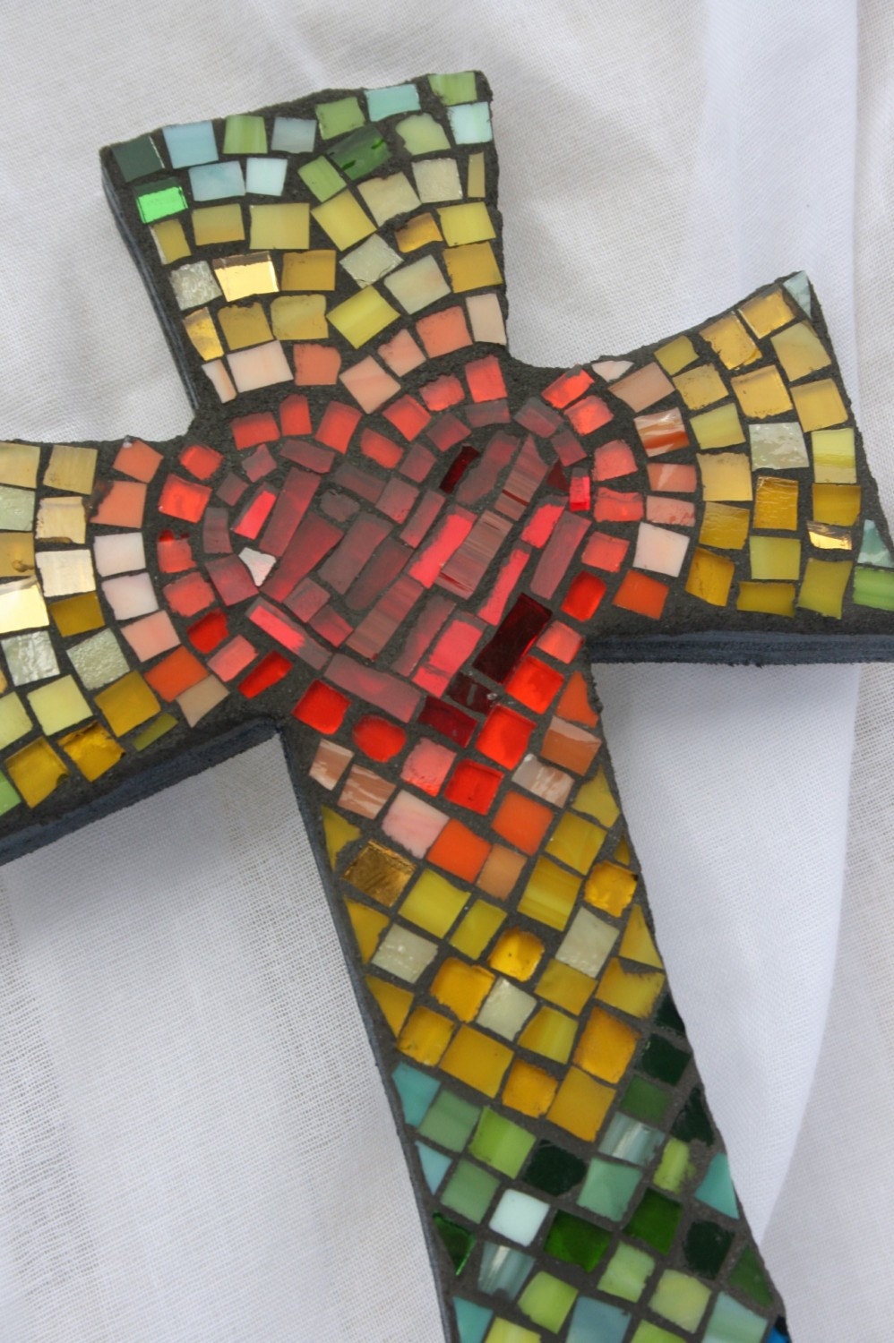 Mosaic Cross with Heart in Center - multicolored