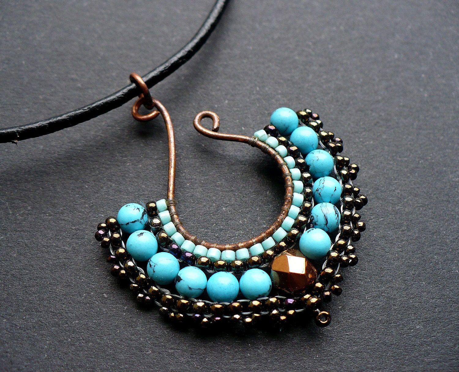 Beaded fan pendant, beadwoven on wire in turquoise and bronze, with gemstones MADE TO ORDER