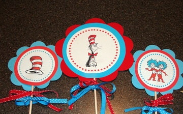 Dr. Seuss Cat in the Hat Birthday Sign Centerpieces for Birthday Party or Baby Shower