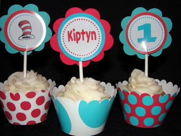 Personalized Dr. Seuss Cat in the Hat Birthday Cupcake Toppers