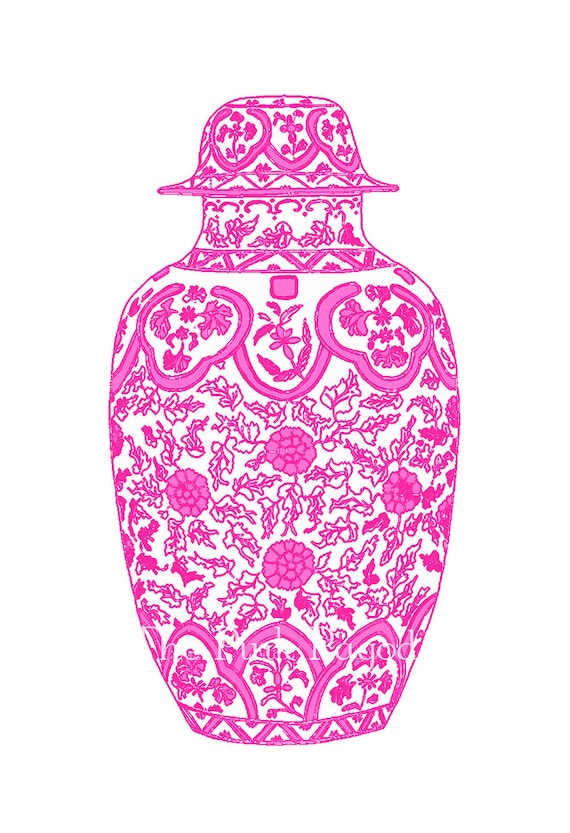 Hot Pink Ming Chinoiserie Ginger Jar on White 11x14 Giclee