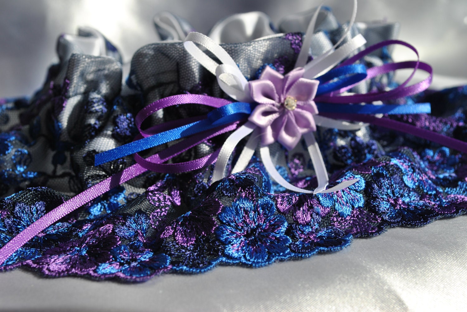 Wedding Garter beautiful purple and blue flower print Lace