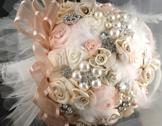 Brooch Bouquet VintageStyle Jeweled Bouquet in Blush Pink Cream and Ivory 