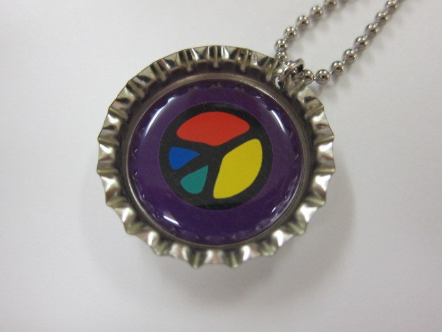 Bottlecap Necklace - Peace Sign on Purple Background