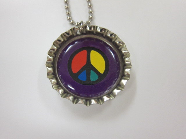 Bottlecap Necklace - Peace Sign on Purple Background